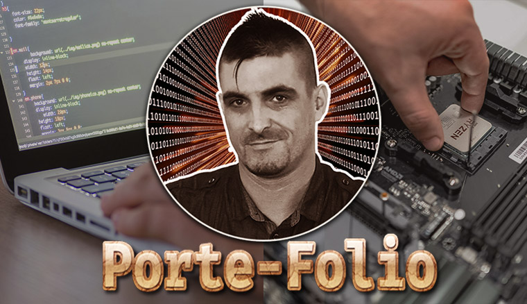 Photo de Mr Seguin F.david avec en fond des images représentant les métiers de l'informatique qu'il pratique