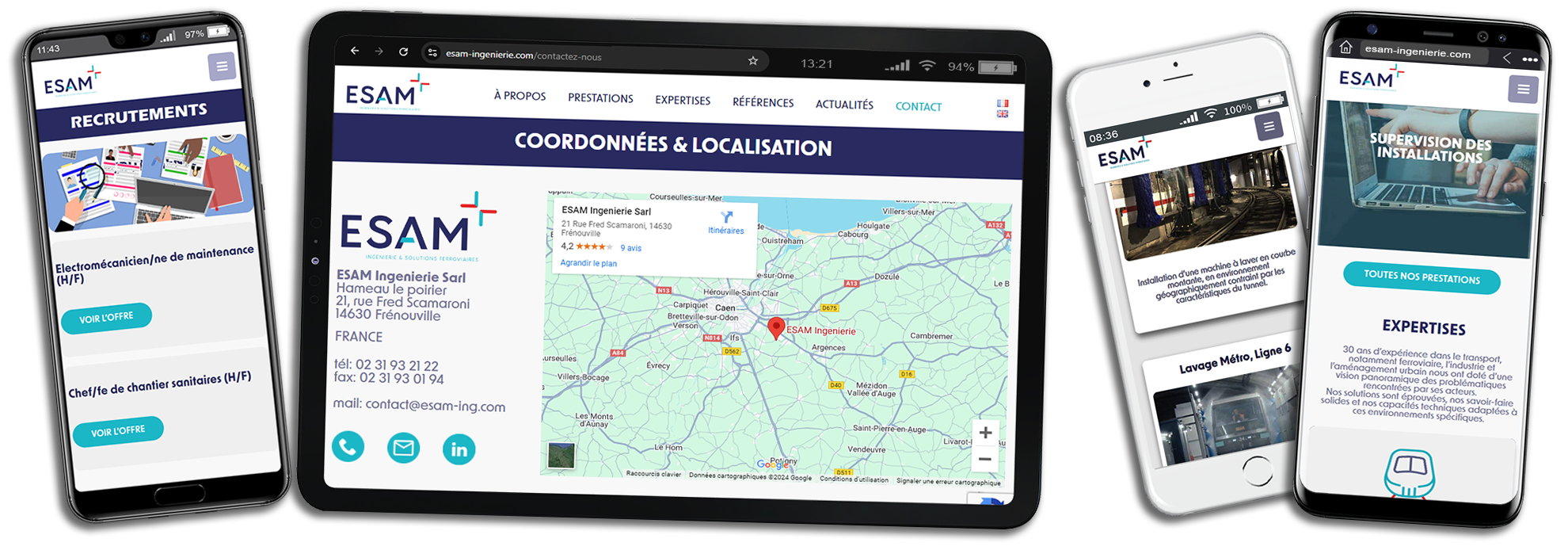 visuels des pages du site Esam Ingenierie sur smartphones