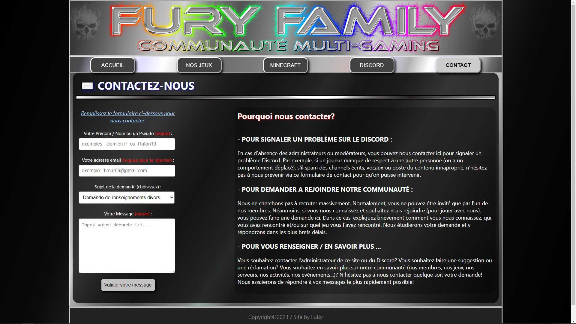 image montrant la page de contact du site Fury Family Gaming