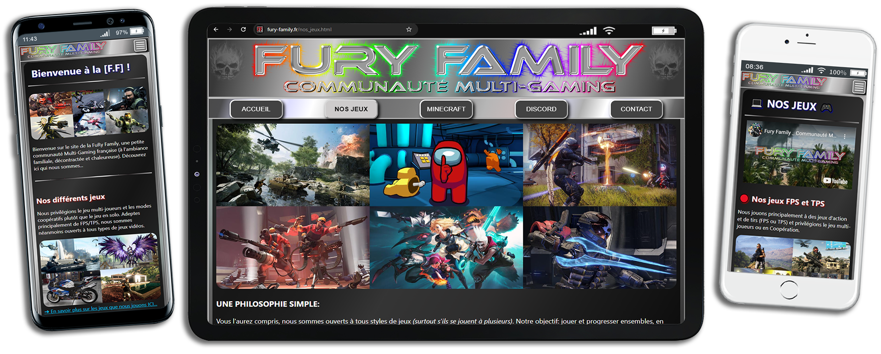 visuels d'exemples de pages du site Fury Family Gaming sur smartphones et tablettes
