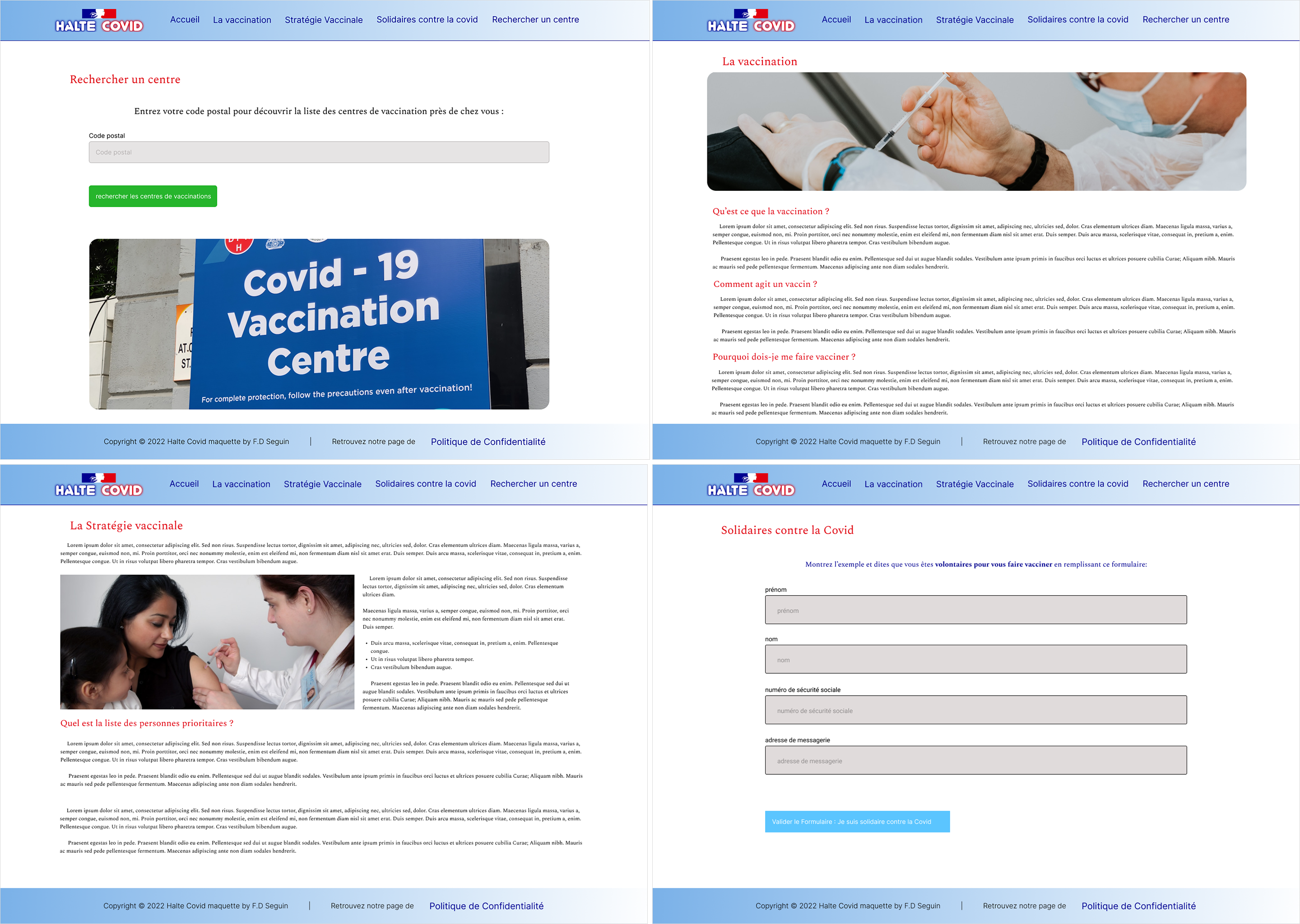 Maquette - exemples de pages du site Halte Covid